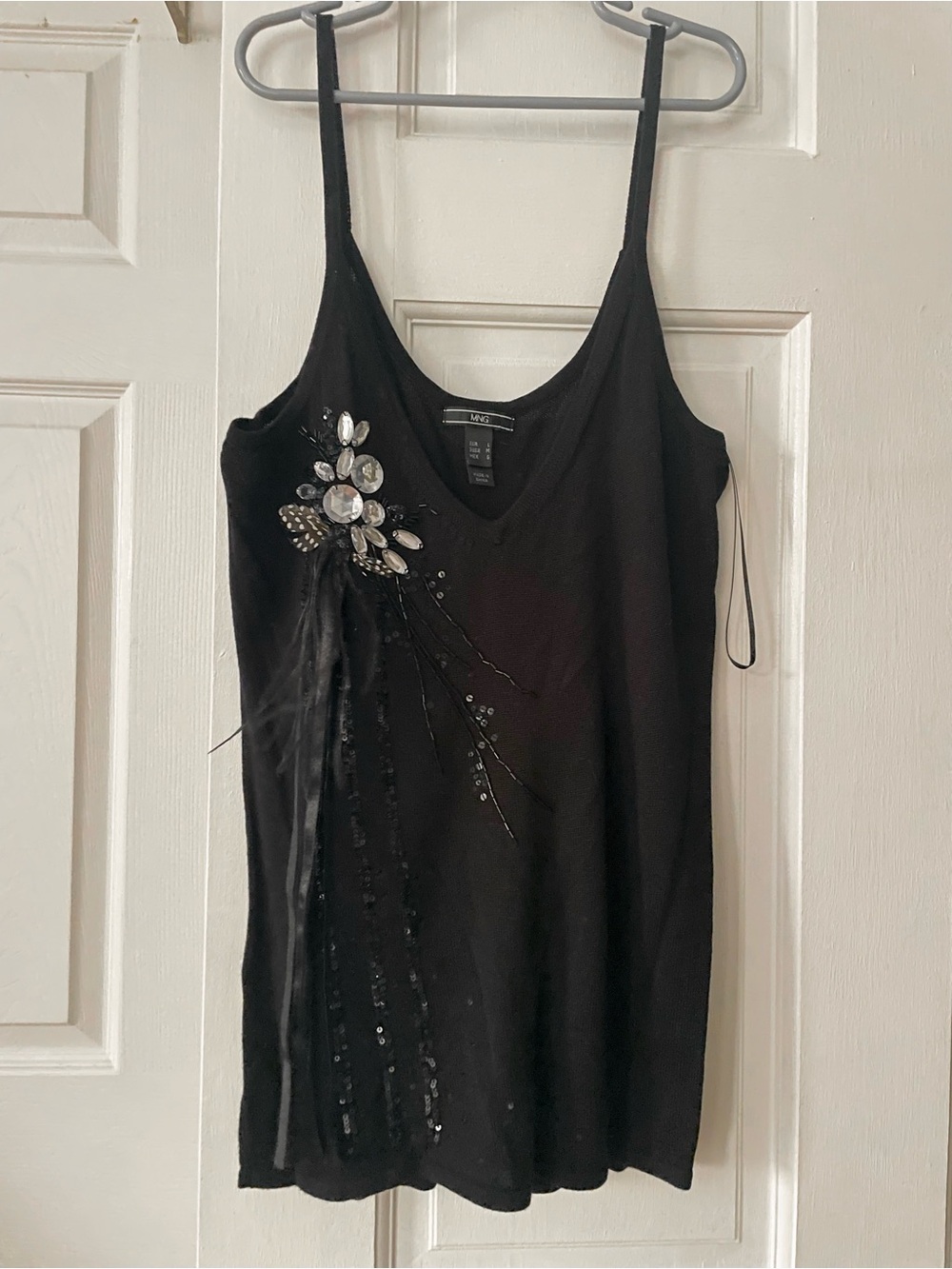 Black Embellished Knit Tank Top with Jewel and Feather Accents